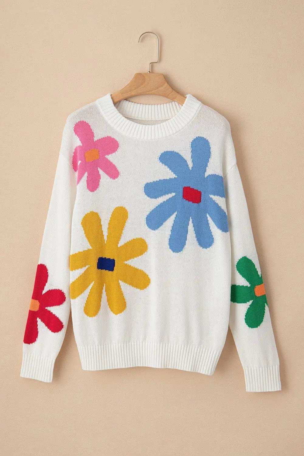 Flower Round Neck Dropped Shoulder Sweater - Trendsi - Flyclothing LLC
