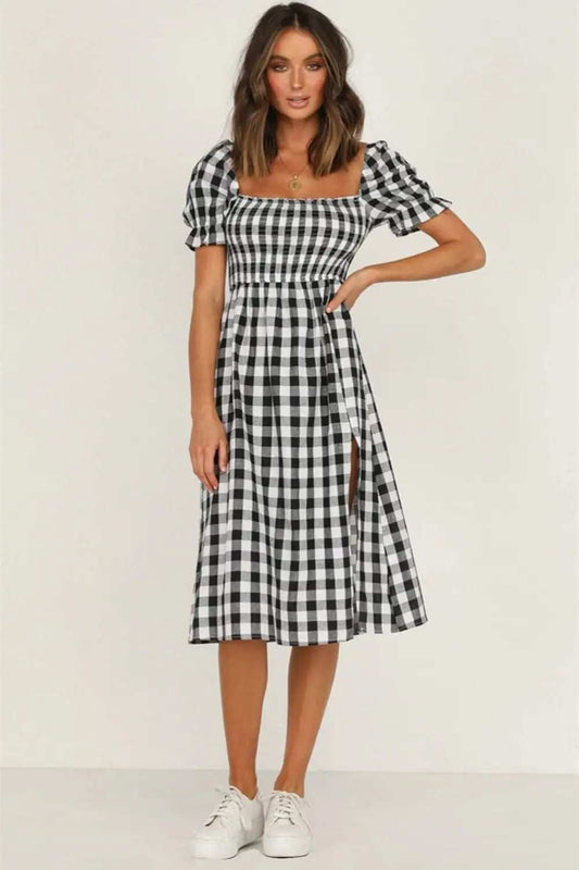 Full Size Slit Plaid Short Sleeve Midi Dress - Trendsi - Flyclothing LLC