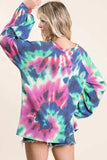 BiBi Tie Dye Print Terry Top with Puff Sleeves - Trendsi - Flyclothing LLC