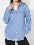 Raw Hem Pearl Trim Collared Neck Denim Top - Trendsi - Flyclothing LLC