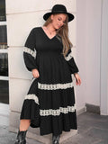 Plus Size Lace Detail V-Neck Long Sleeve Midi Dress - Trendsi - Flyclothing LLC