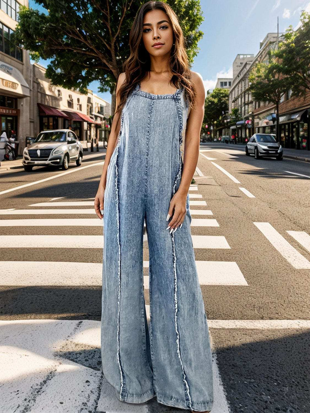 Adjustable Strap Wide Leg Denim Overalls - Trendsi - Flyclothing LLC