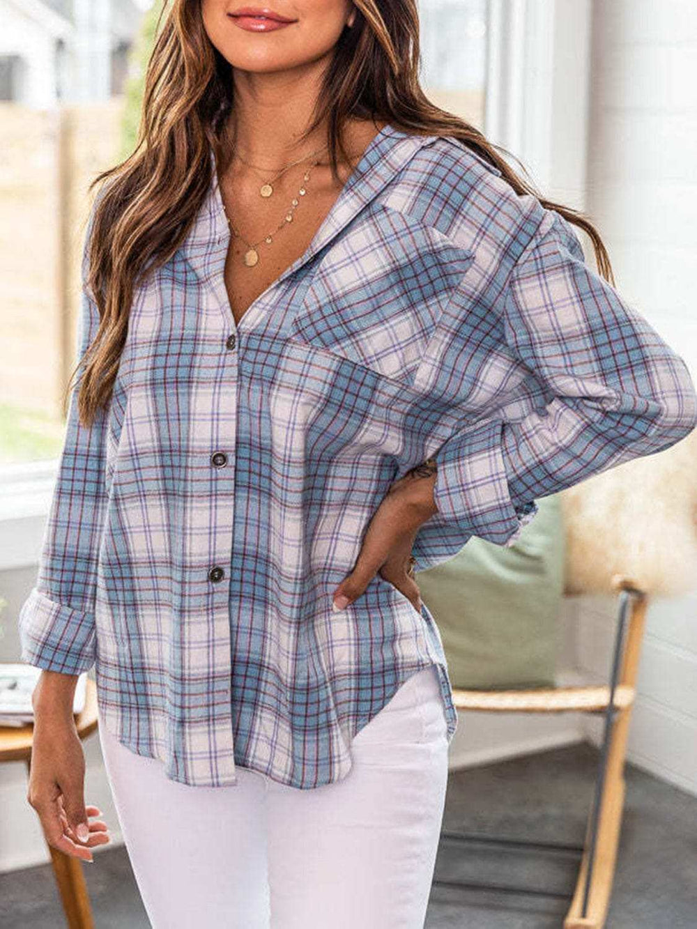 Plaid Collared Neck Long Sleeve Shirt - Trendsi - Flyclothing LLC