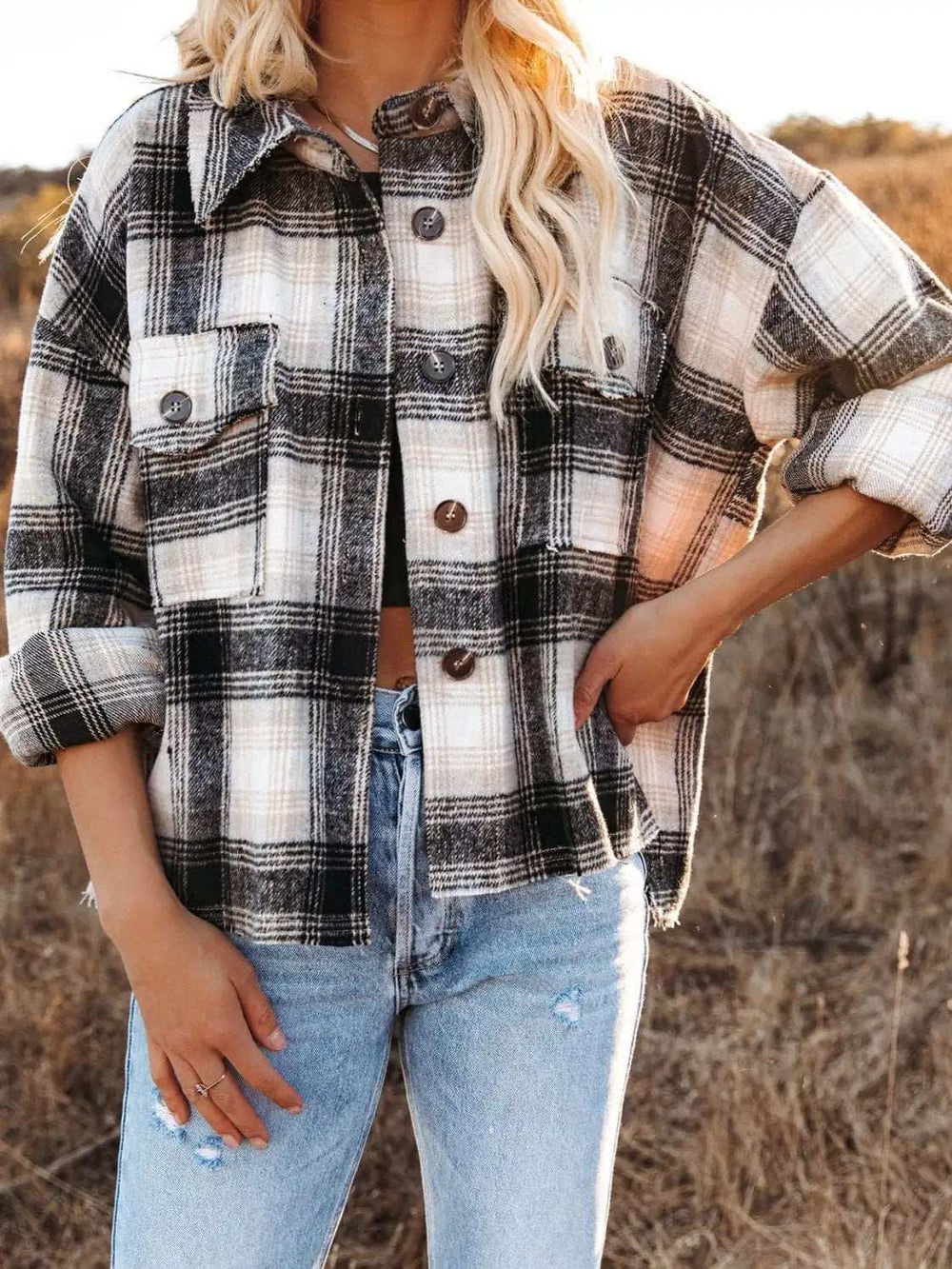 Pocketed Plaid Button Down Long Sleeve Shacket - Trendsi - Flyclothing LLC