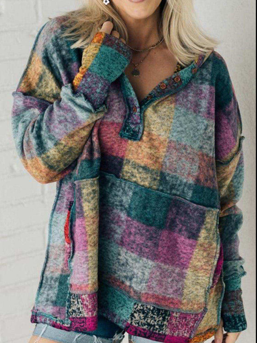 Multicolor Brushed Plaid Buttoned Pullover Oversized Hoodie - Trendsi - Flyclothing LLC