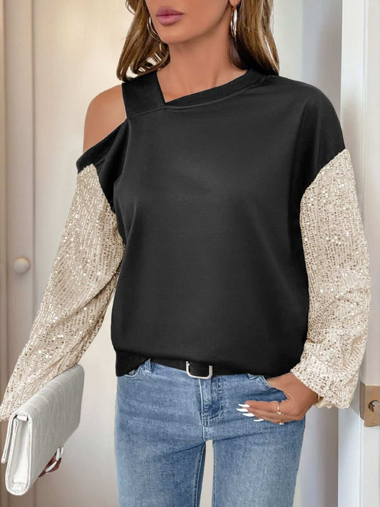 Perfee Sequin Asymmetrical Neck Long Sleeve Sweatshirt - Trendsi - Flyclothing LLC