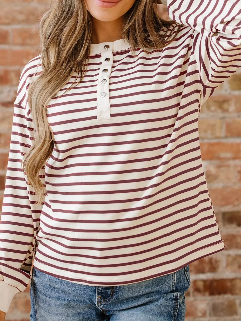 Striped Drop Shoulder Long Sleeve Henley Top - Trendsi - Flyclothing LLC