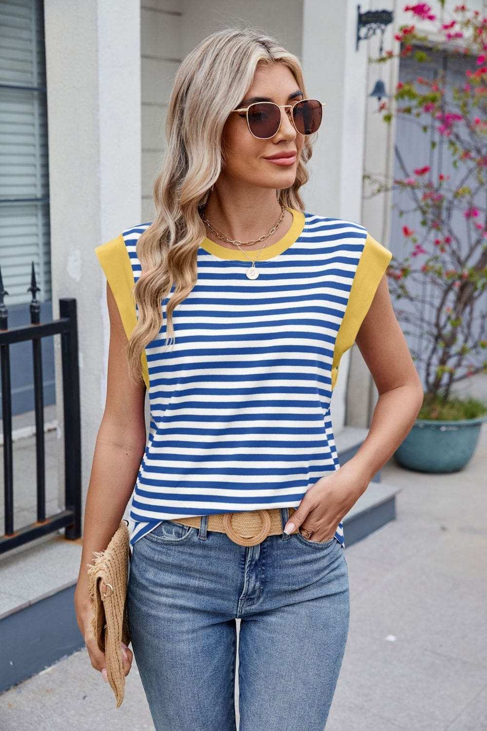 Contrast Striped Round Neck T-Shirt - Trendsi - Flyclothing LLC