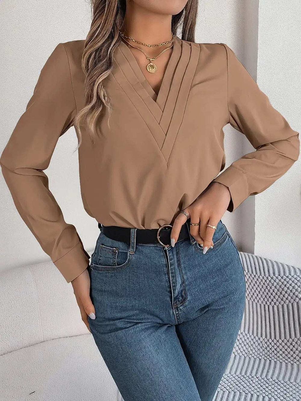 V-Neck Long Sleeve Blouse - Trendsi - Flyclothing LLC