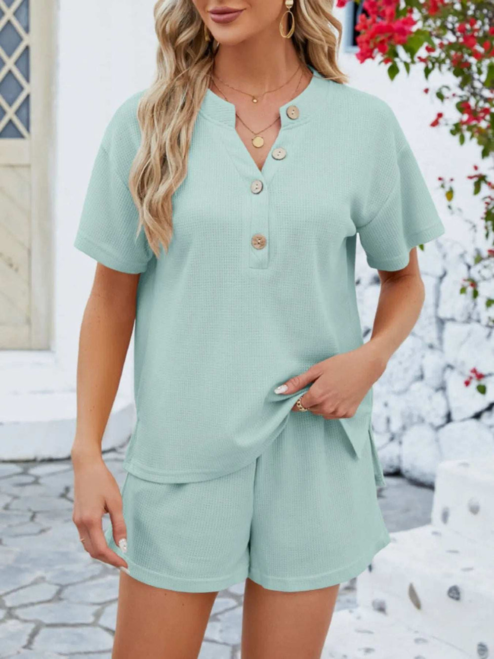 Casual Button Detail Ribbed Top and Shorts Two-Piece Set - Trendsi - Flyclothing LLC