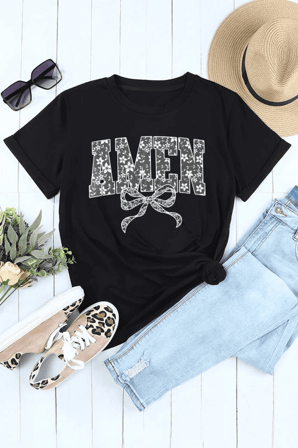 AMEN Bow Round Neck Short Sleeve T Shirt - Trendsi - Flyclothing LLC
