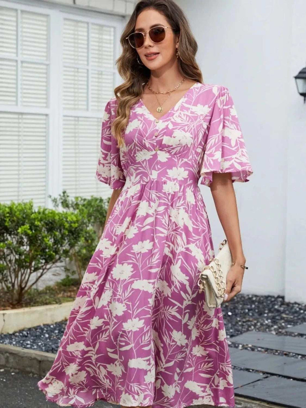 Printed V-Neck Flutter Sleeve Dress - Trendsi - Flyclothing LLC