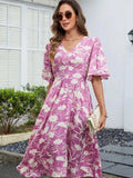 Printed V-Neck Flutter Sleeve Dress - Trendsi - Flyclothing LLC
