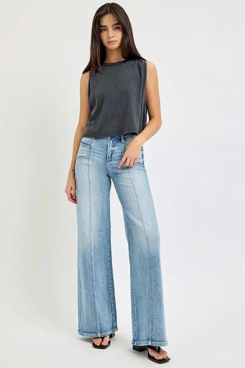 RISEN Full Size Mid Rise Wide Jeans with Front Patch Pocket Plus Size - Trendsi - Flyclothing LLC