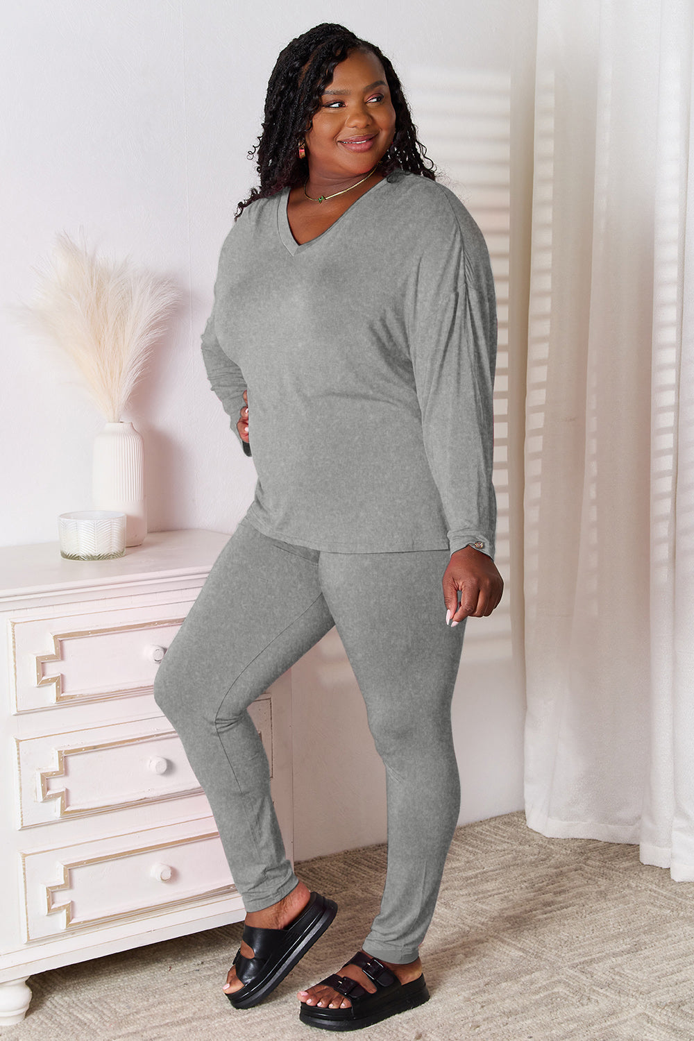 Basic Bae Bamboo Full Size V-Neck Long Sleeve Top and Pants Lounge Set - ShopBasicbae - Flyclothing LLC