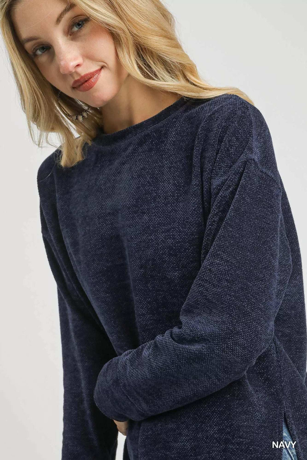 Umgee Round Neck Long Sleeve Side Slit Top - Trendsi - Flyclothing LLC