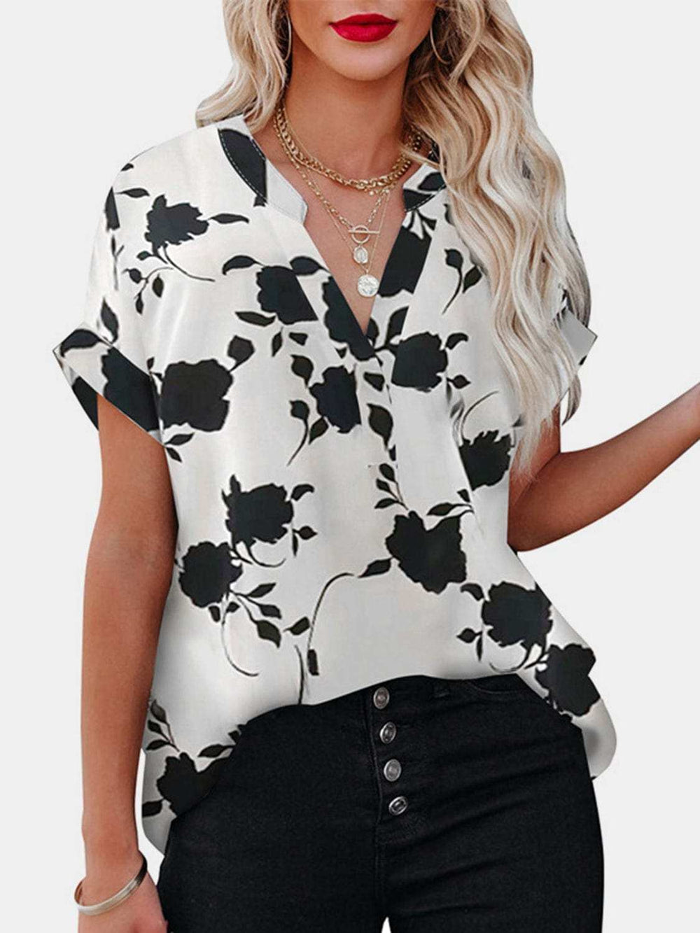 Full Size Printed Notched Short Sleeve Blouse - Trendsi - Flyclothing LLC