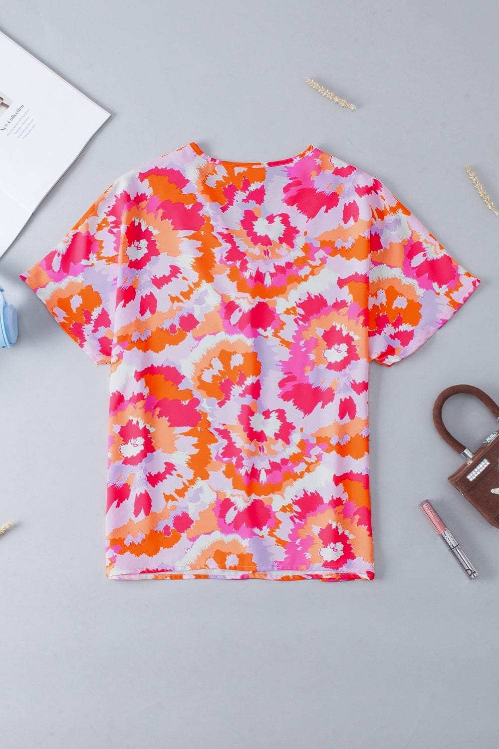 Printed V-Neck Short Sleeve Blouse - Trendsi - Flyclothing LLC
