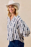 BiBi Bow Ribbon Printed Woven Bubble Sleeves Top - Trendsi - Flyclothing LLC