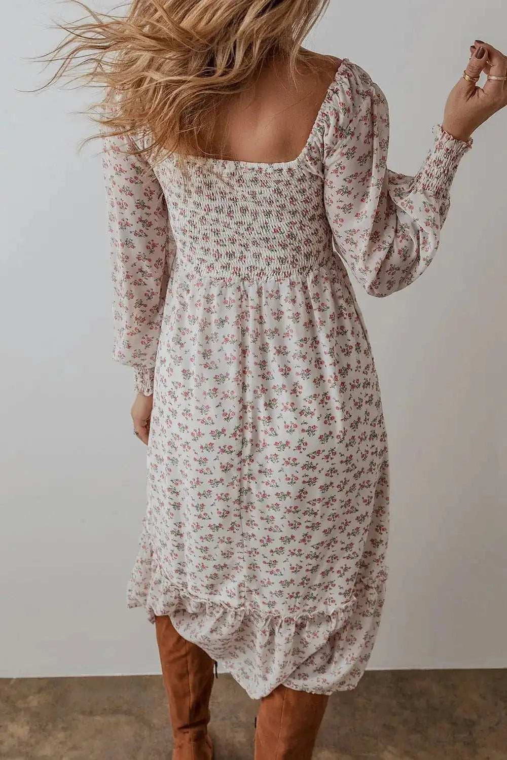 Smocked Floral Square Neck Long Sleeve Midi Dress - Trendsi - Flyclothing LLC