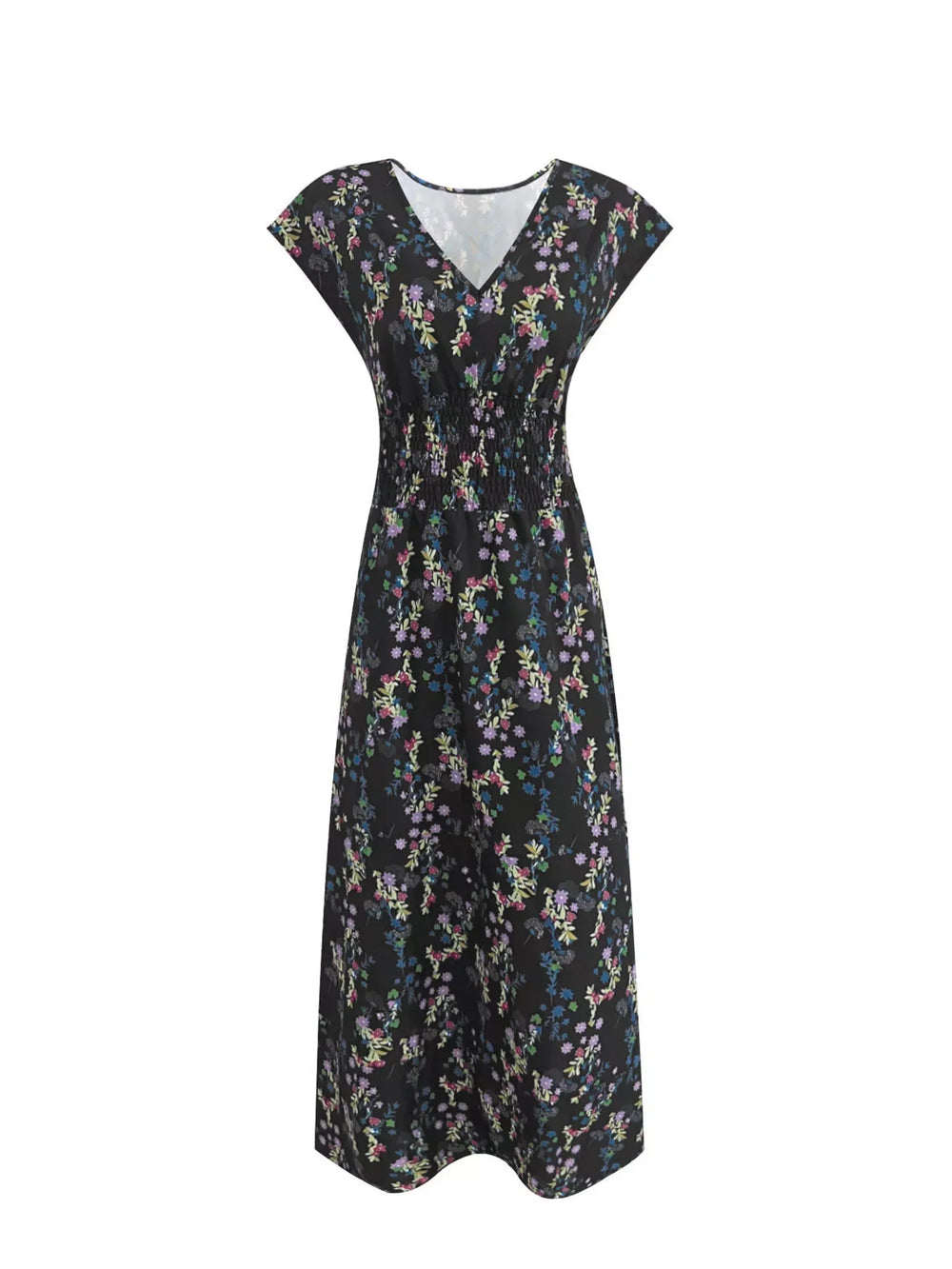 Printed V-Neck Cap Sleeve Maxi Dress - Trendsi - Flyclothing LLC
