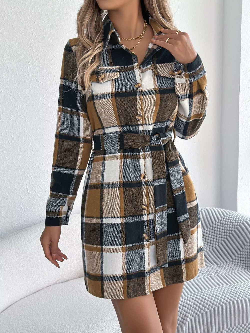 Plaid Button Front Tie Waist Shirt Dress - Trendsi - Flyclothing LLC