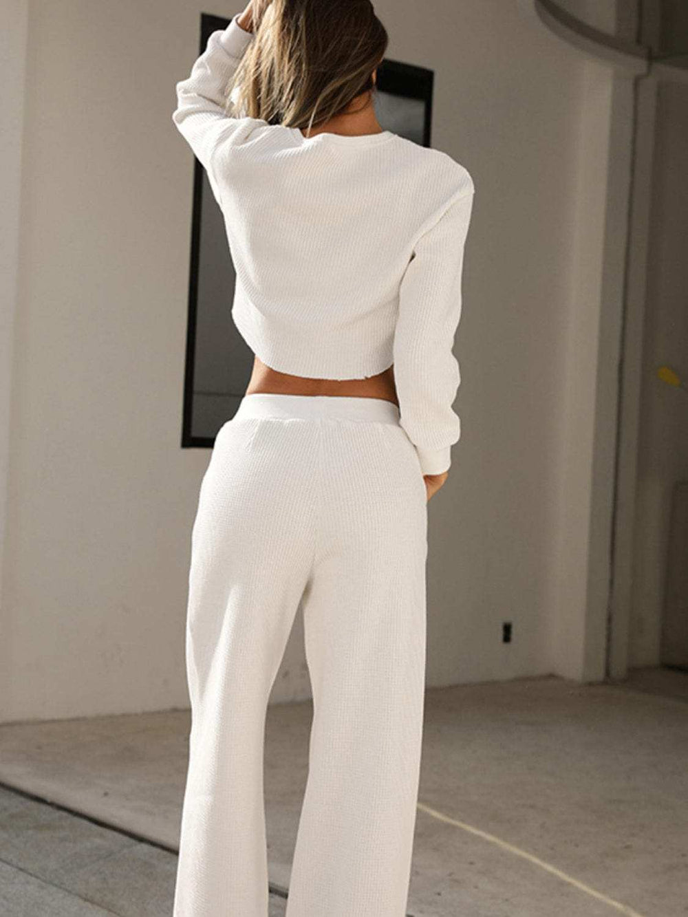Waffle-Knit Round Neck Top and Pants Set - Trendsi - Flyclothing LLC