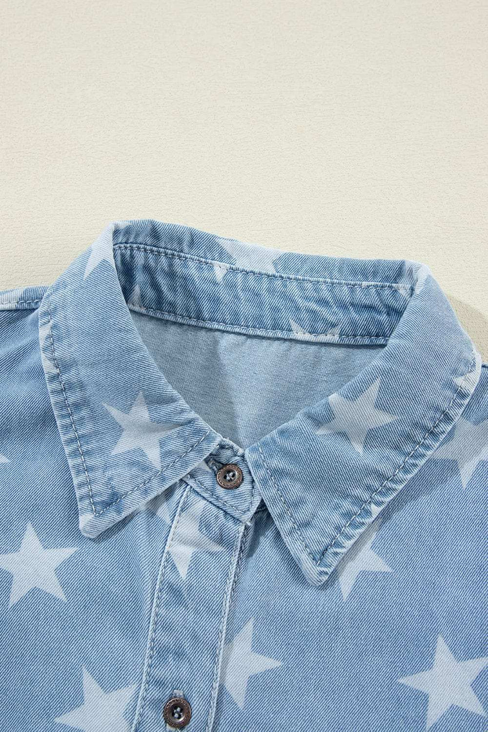 Raw Hem Star Collared Neck Denim Top - Trendsi - Flyclothing LLC