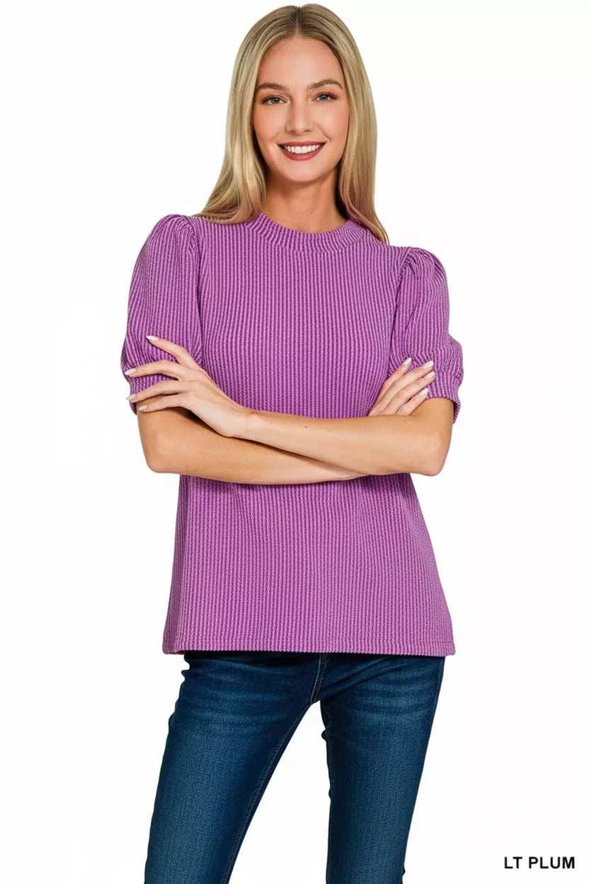 Zenana Raised Rib Puff Sleeve Top - Trendsi - Flyclothing LLC