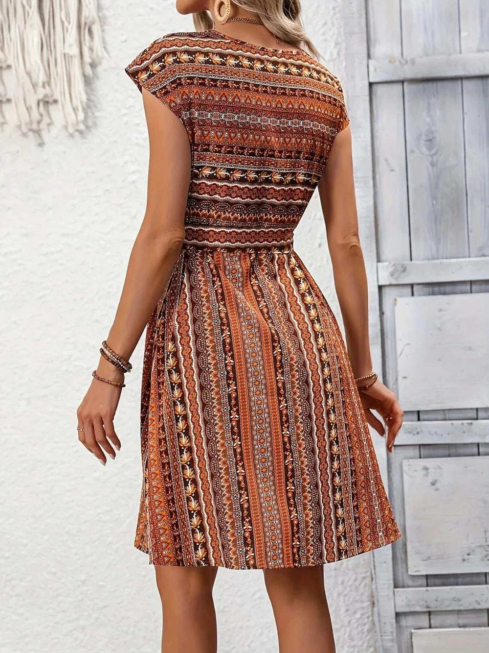 Printed Round Neck Cap Sleeve Dress - Trendsi - Flyclothing LLC
