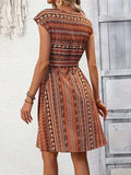 Printed Round Neck Cap Sleeve Dress - Trendsi - Flyclothing LLC