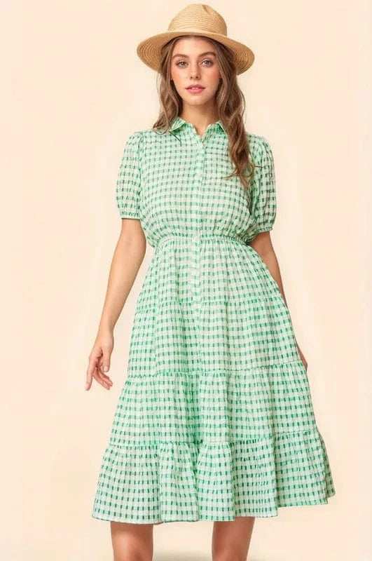 Davi & Dani Checkered Puff Sleeve Tiered Shirt Dress - Trendsi - Flyclothing LLC