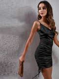 Side Drawstring Ruched Cowl Neck Mini Cami Dress - Trendsi - Flyclothing LLC