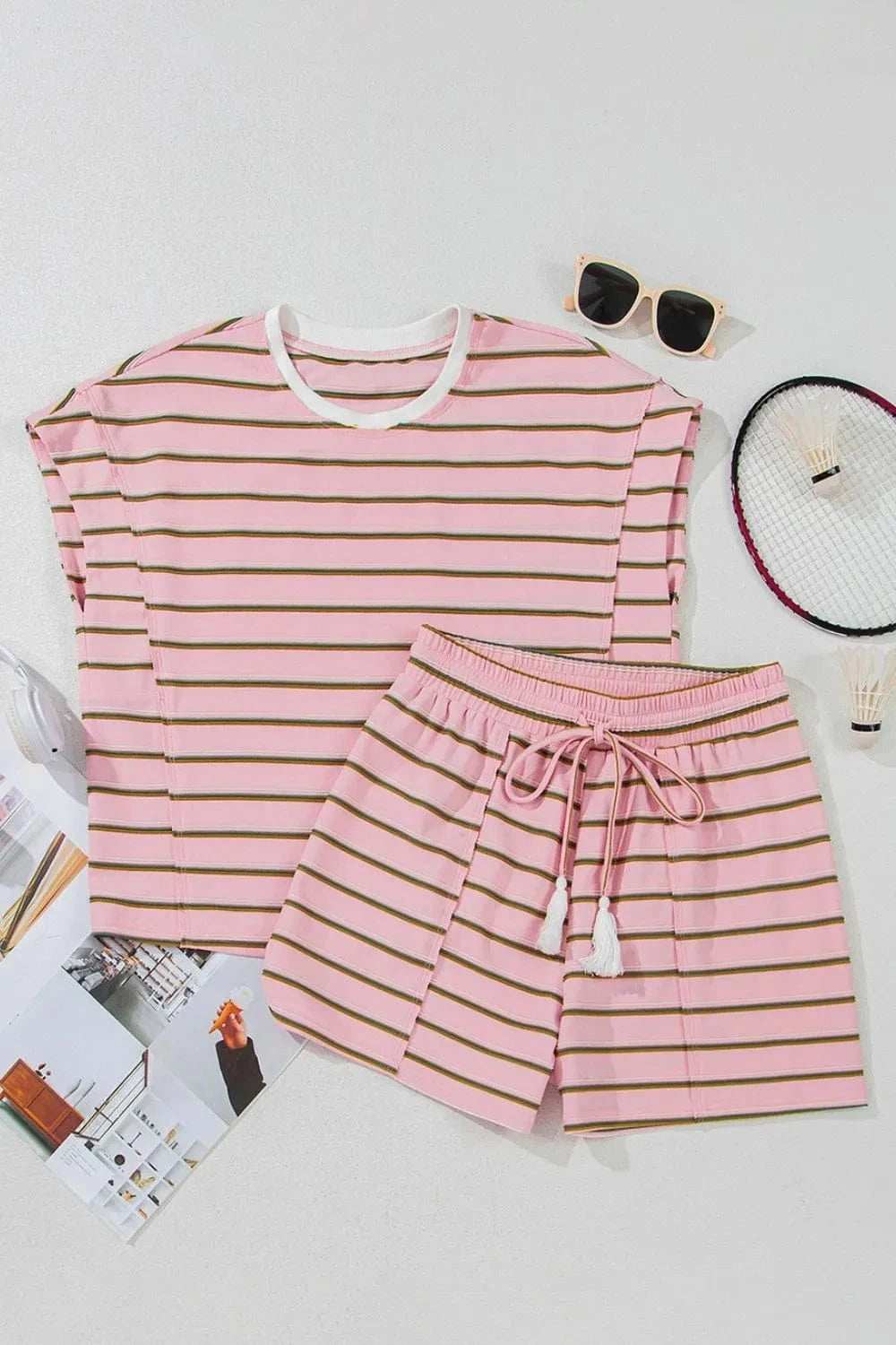 Stripe Wide Short Sleeve Tee and Short Set - Trendsi - Flyclothing LLC
