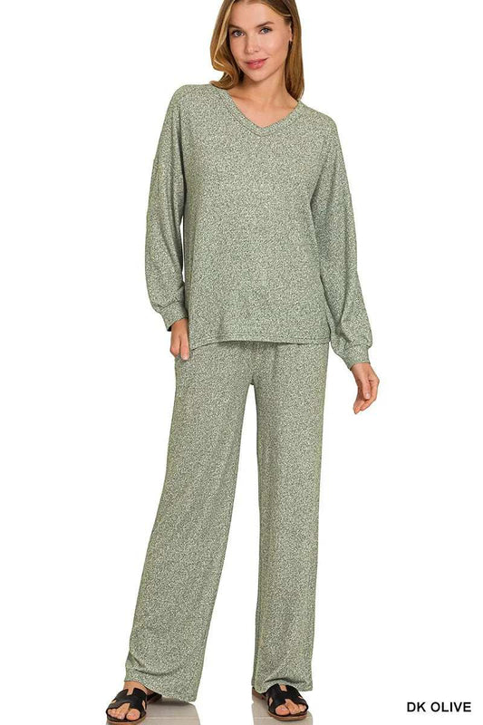 Zenana Soft Melange Long Sleeve Tee & Pants Set - Trendsi - Flyclothing LLC