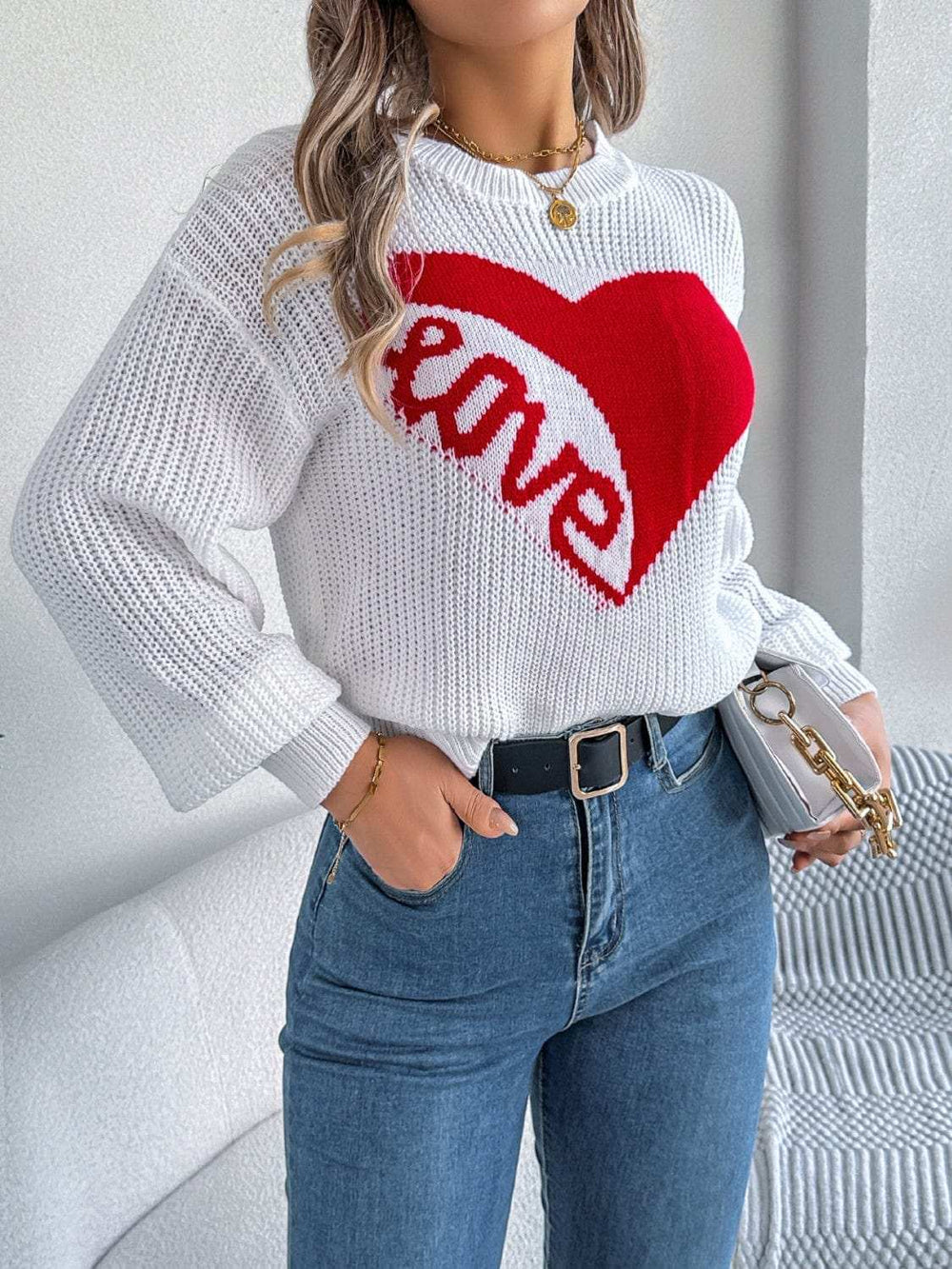 LOVE Heart Round Neck Dropped Shoulder Sweater - Trendsi - Flyclothing LLC