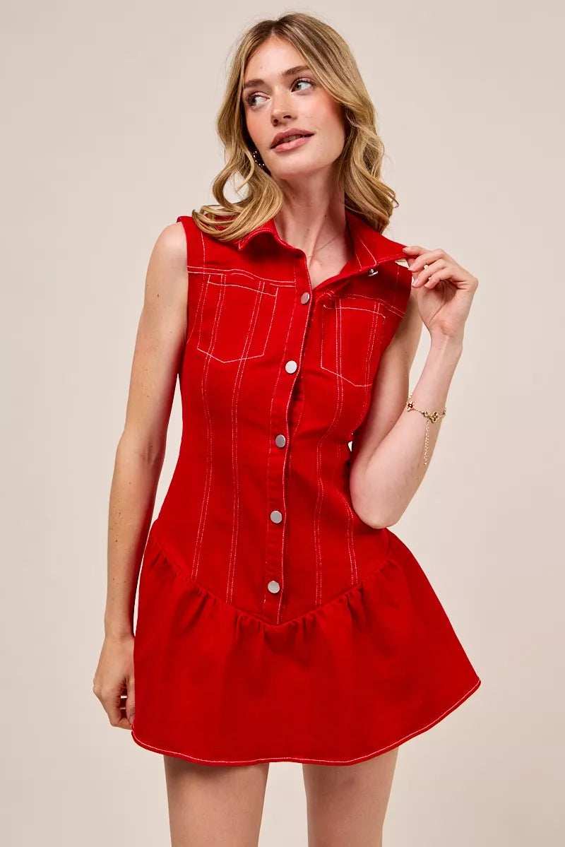 SO ME Button Down Sleeveless Collared Game Day Mini Dress - Trendsi - Flyclothing LLC