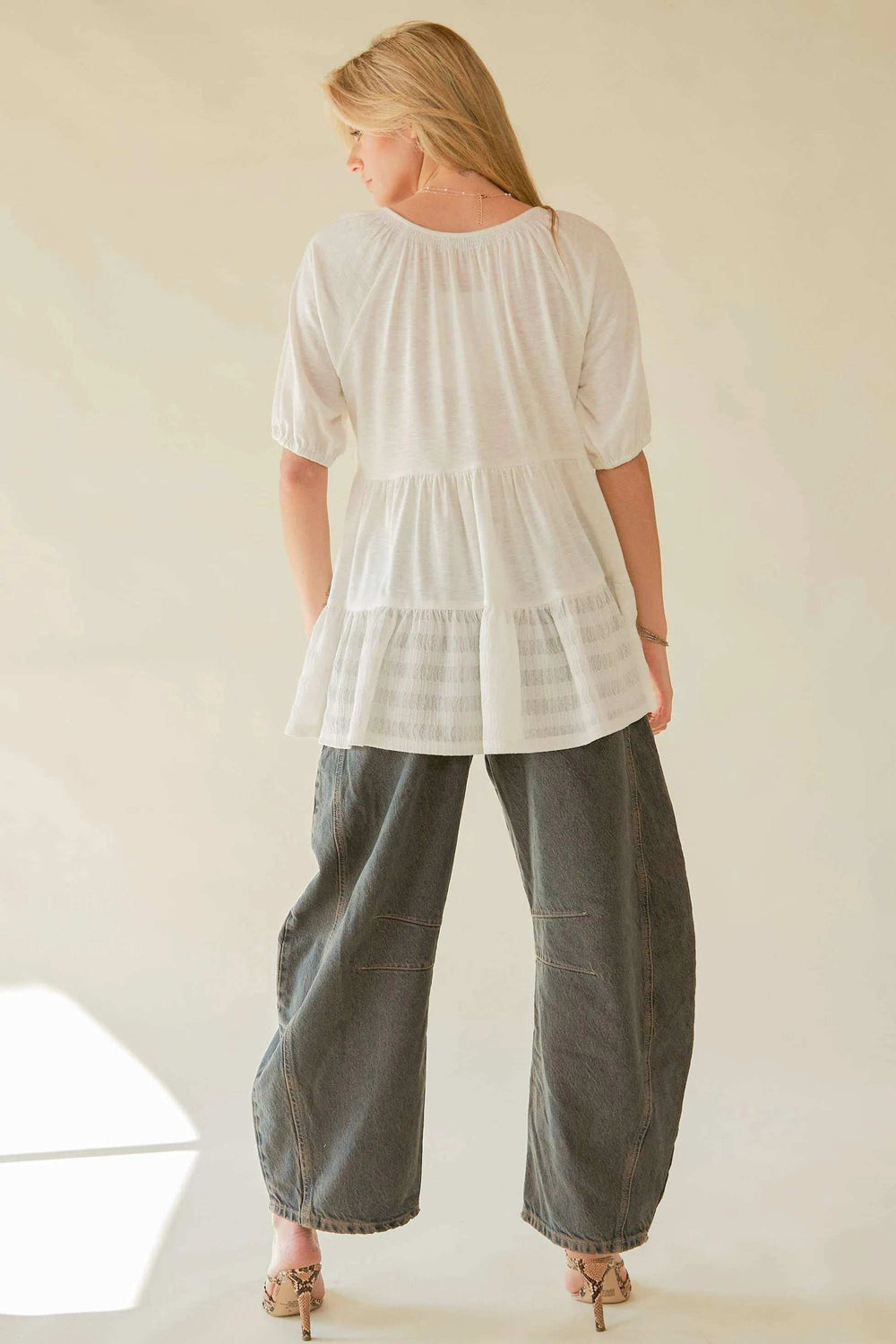 Davi & Dani Ruffled Flared Short Sleeve V Neck Blouse - Trendsi - Flyclothing LLC