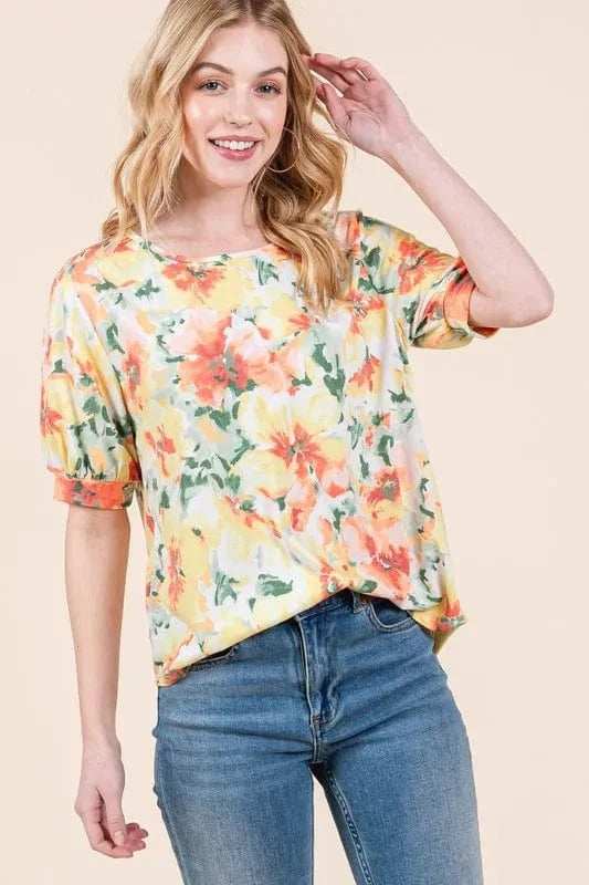 BOMBOM Floral Round Neck Puff Sleeve Top - Trendsi - Flyclothing LLC