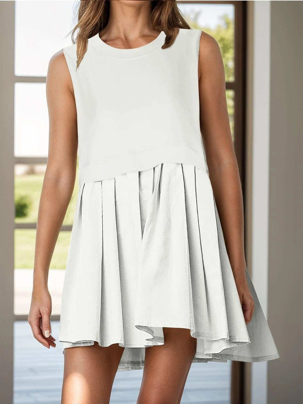 Pleated Round Neck Sleeveless Mini Dress - Trendsi - Flyclothing LLC
