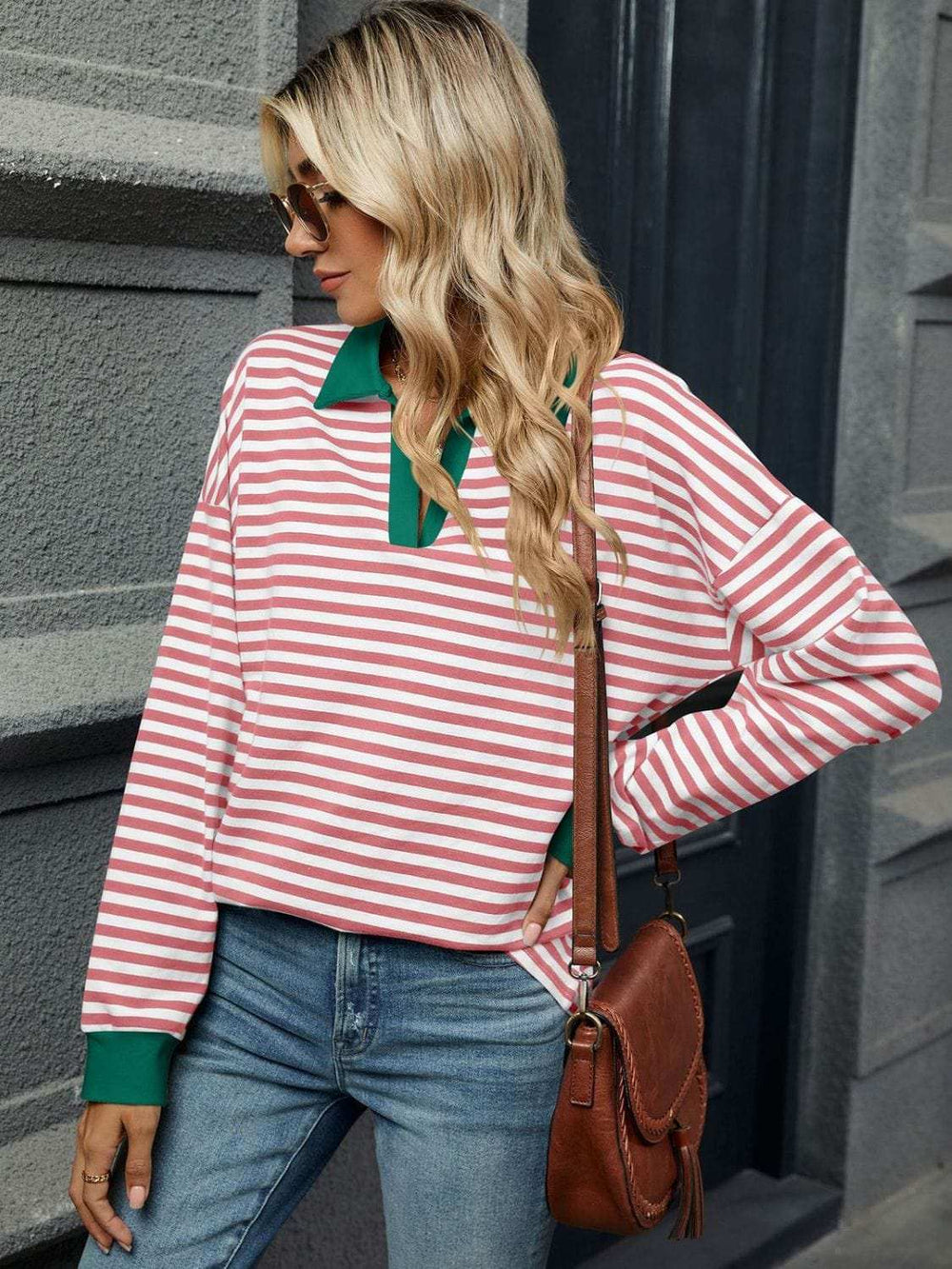 Striped Johnny Collar Long Sleeve Sweatshirt - Trendsi - Flyclothing LLC