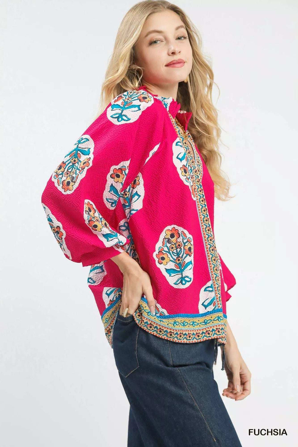 Umgee Boho Floral Print Tunic Blouse - Trendsi - Flyclothing LLC