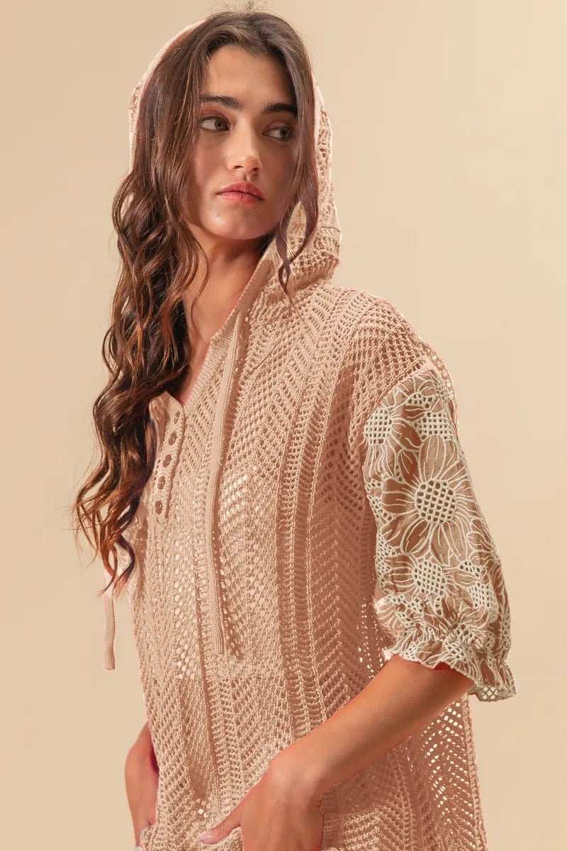 BiBi Jacquard Flower Puff Sleeve Hooded Knit Top - Trendsi - Flyclothing LLC