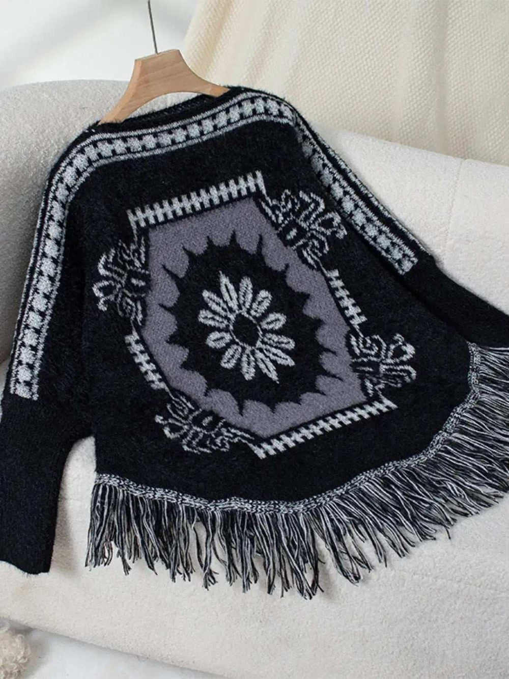 Fringe Geometric Long Sleeve Poncho - Trendsi - Flyclothing LLC