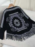 Fringe Geometric Long Sleeve Poncho - Trendsi - Flyclothing LLC