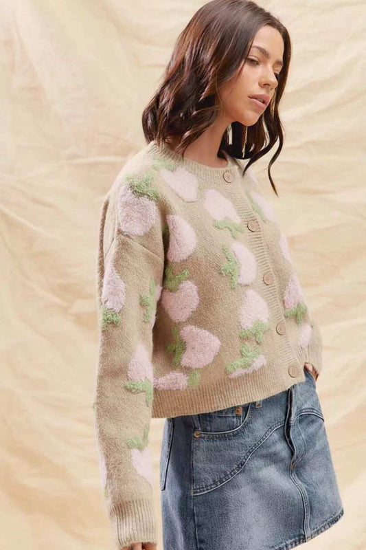 SO ME Strawberry Fruit All Over Button Sweater Cardigan - Trendsi - Flyclothing LLC