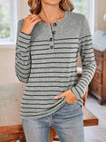 Lovelet Quarter Button Striped Round Neck Long Sleeve T-Shirt - Trendsi - Flyclothing LLC