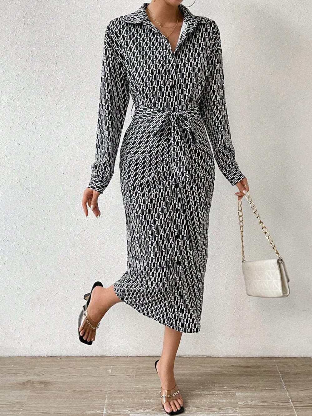 Printed Tie Waist Long Sleeve Midi Shirt Dress - Trendsi - Flyclothing LLC