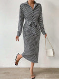 Printed Tie Waist Long Sleeve Midi Shirt Dress - Trendsi - Flyclothing LLC