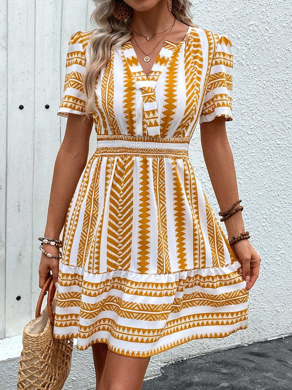 Geometric Notched Short Sleeve Mini Dress - Trendsi - Flyclothing LLC
